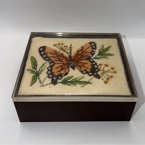 Vintage Hand-Stitched Needlepoint Monarch Butterfly Plastic Keepsake Box